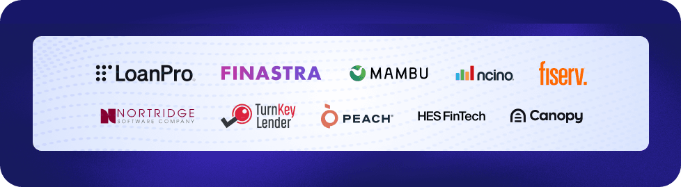 Logos of the 10 best loan management software platforms including LoanPro, Finastra, Mambu, nCino, Fiserv, Nortridge, TurnKey Lender, Peach, HES FinTech, and Canopy
