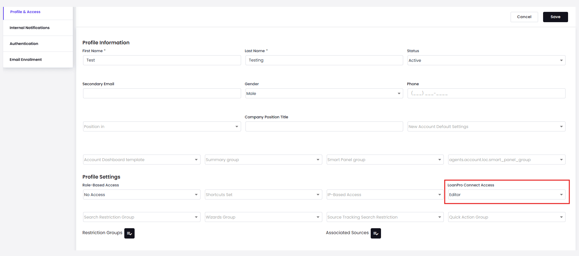 A screenshot of the LoanPro Connect Access setting configuration location.