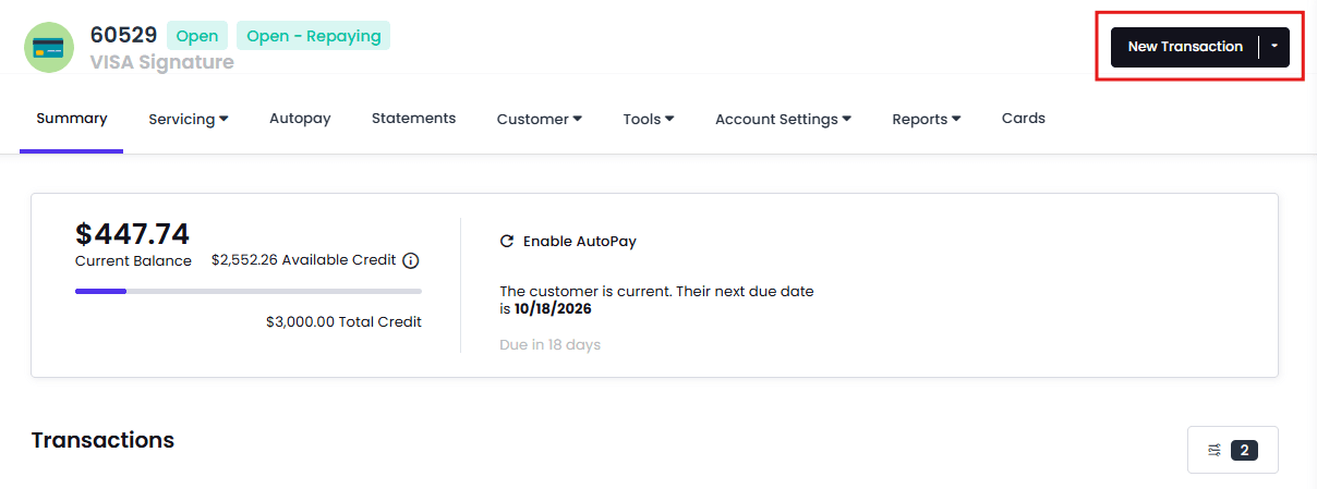 A screenshot of the Summary page with a red box highlighting the ‘New Transaction’ button.