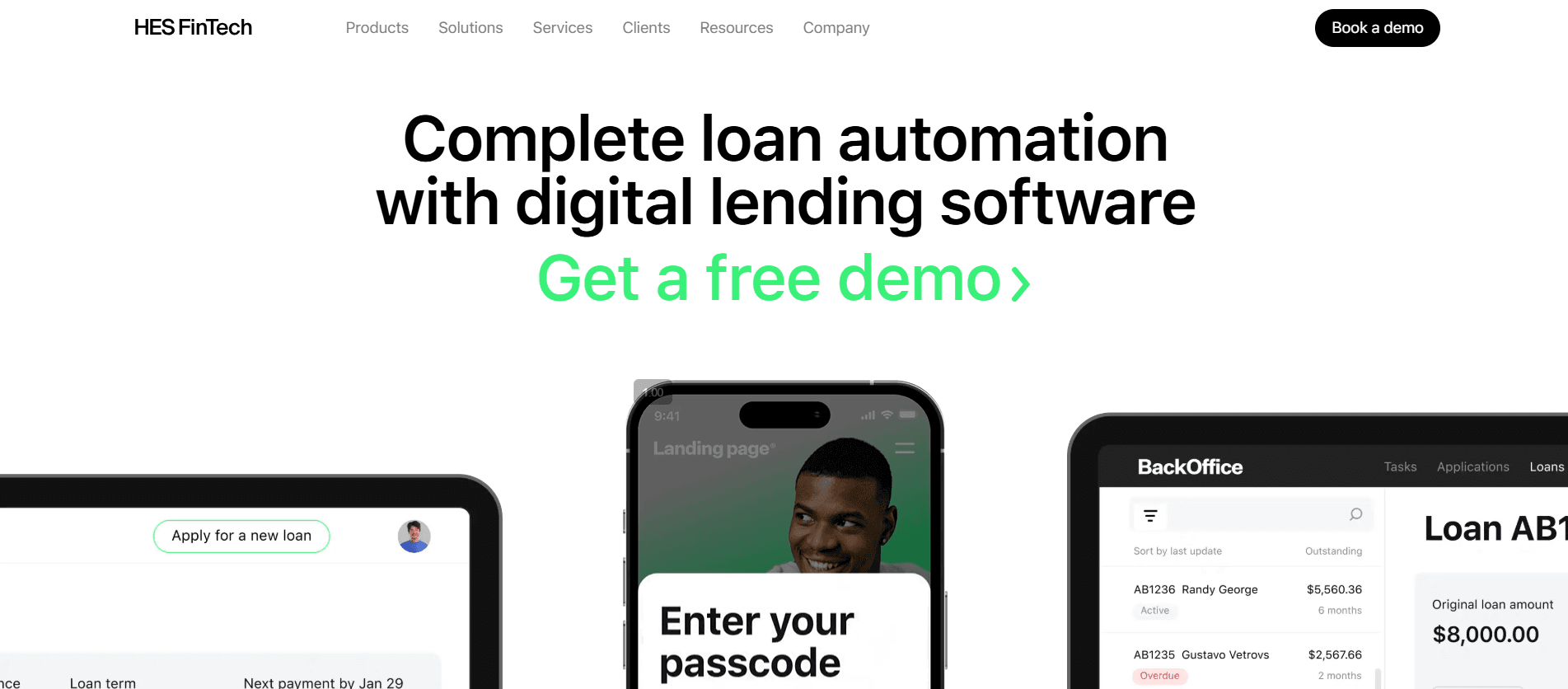 HES FinTech loan management platform homepage