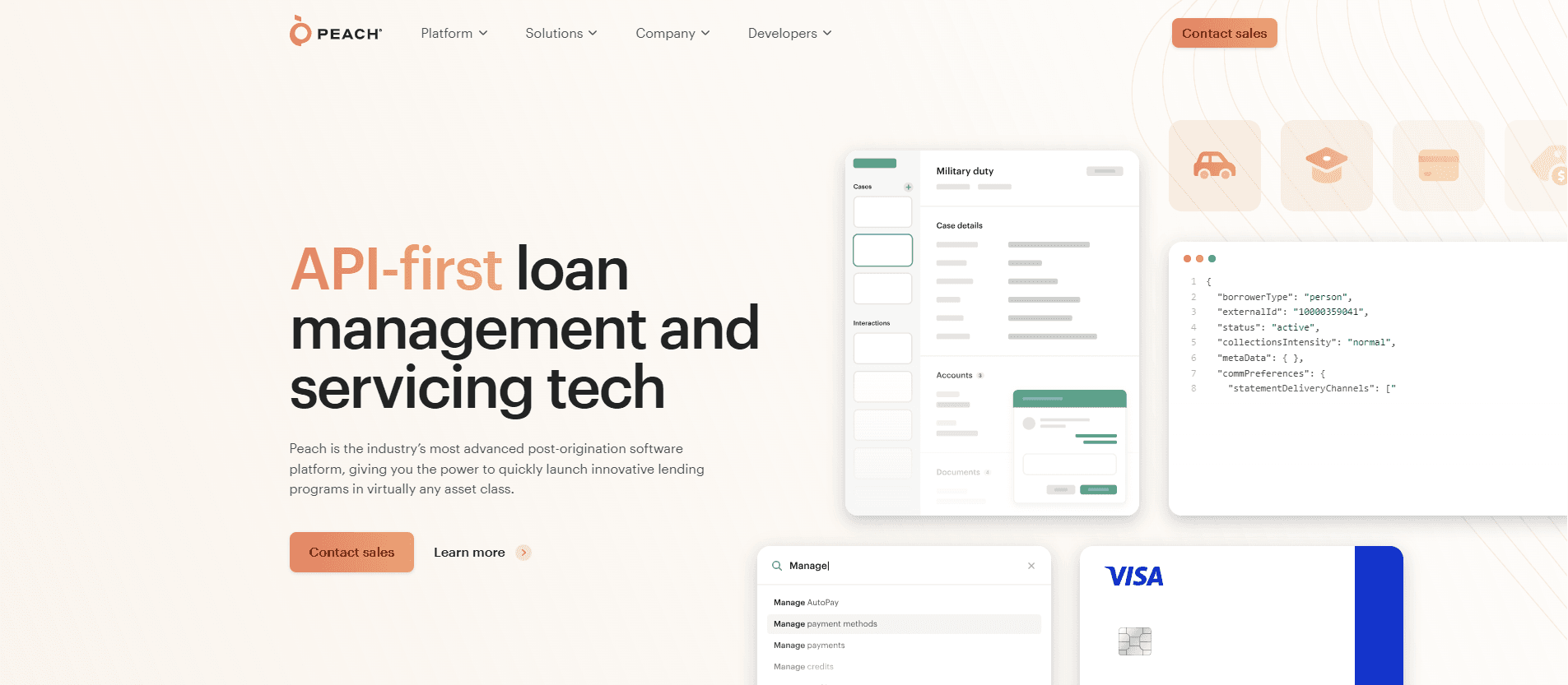 Peach Finance loan management software homepage